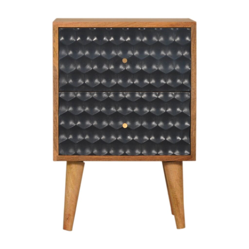 Solid Mango Wood Oak Finished 2 Drawer Black Painted Honeycomb Bedside