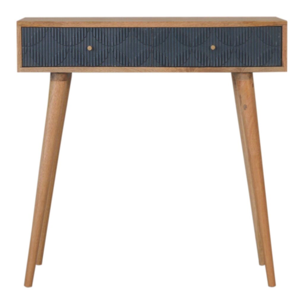 Solid Mango Wood Oak Finished 2 Drawer Milan Hand Painted Navy Ribbed Console Table