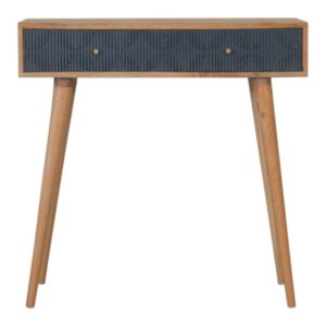 Solid Mango Wood Oak Finished 2 Drawer Milan Hand Painted Navy Ribbed Console Table