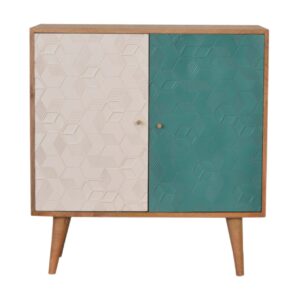 Solid Mango Wood Oak Finished 2 Door Acadia Hand Painted Teal and White Cabinet