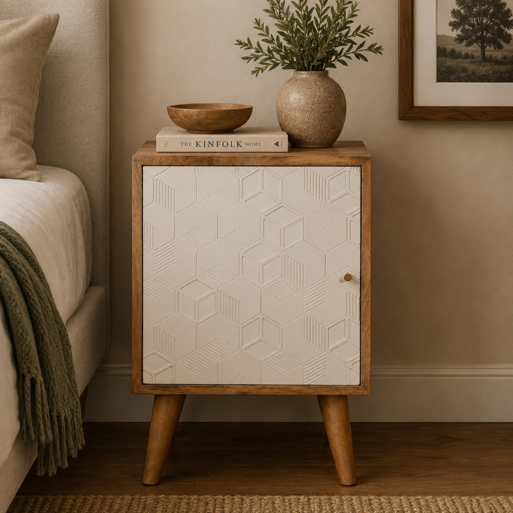 Solid Mango Wood Oak Finished Acadia 1 Hand Painted White Door Bedside