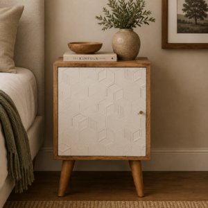 Solid Mango Wood Oak Finished Acadia 1 Hand Painted White Door Bedside