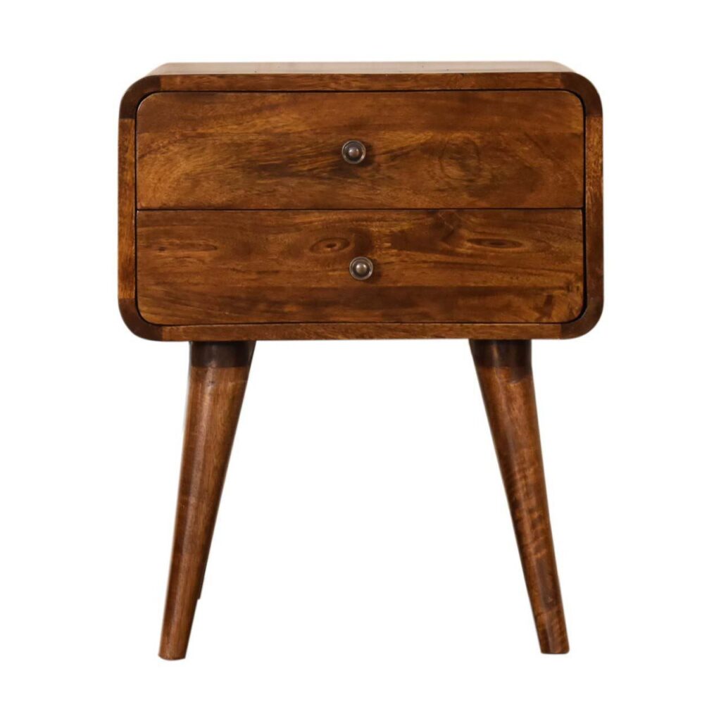 Solid Mango Wood Chestnut Finished Curve Plug In Your Devices Easily 2 Drawer Bedside