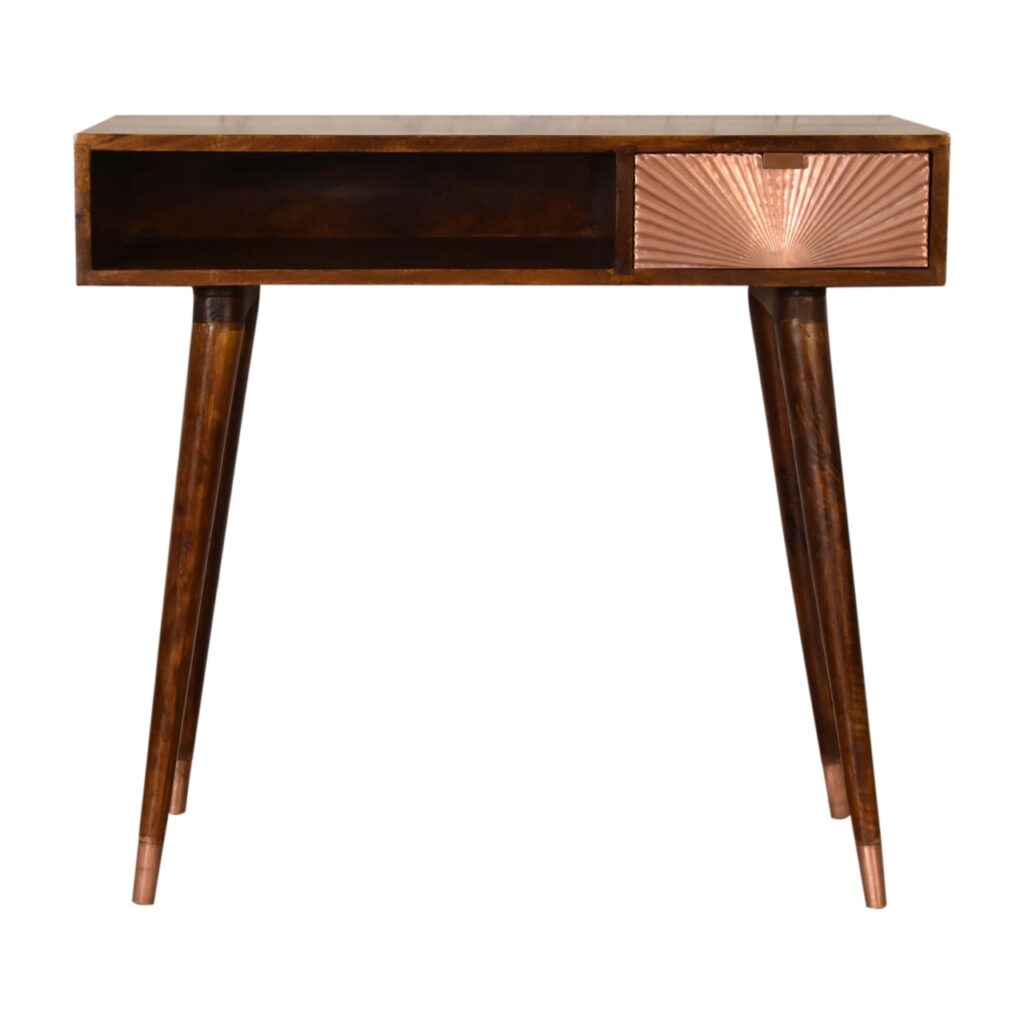 Solid Mango Wood Chestnut Finished 1 Drawer 1 Slot Manila Rose Gold Writing Desk