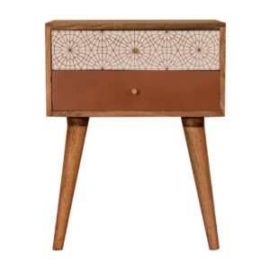 Solid Mango Wood Oak Finished 2 Drawer Hand Painted Brown & Brick Red Patterned Bedside