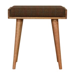 Solid Mango Wood Oak Finished Scandinavian Style Multi Coloured Tweed Footstool