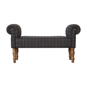 Solid Mango Wood Oak Finished Pewter Tweed Bench with Turned Legs