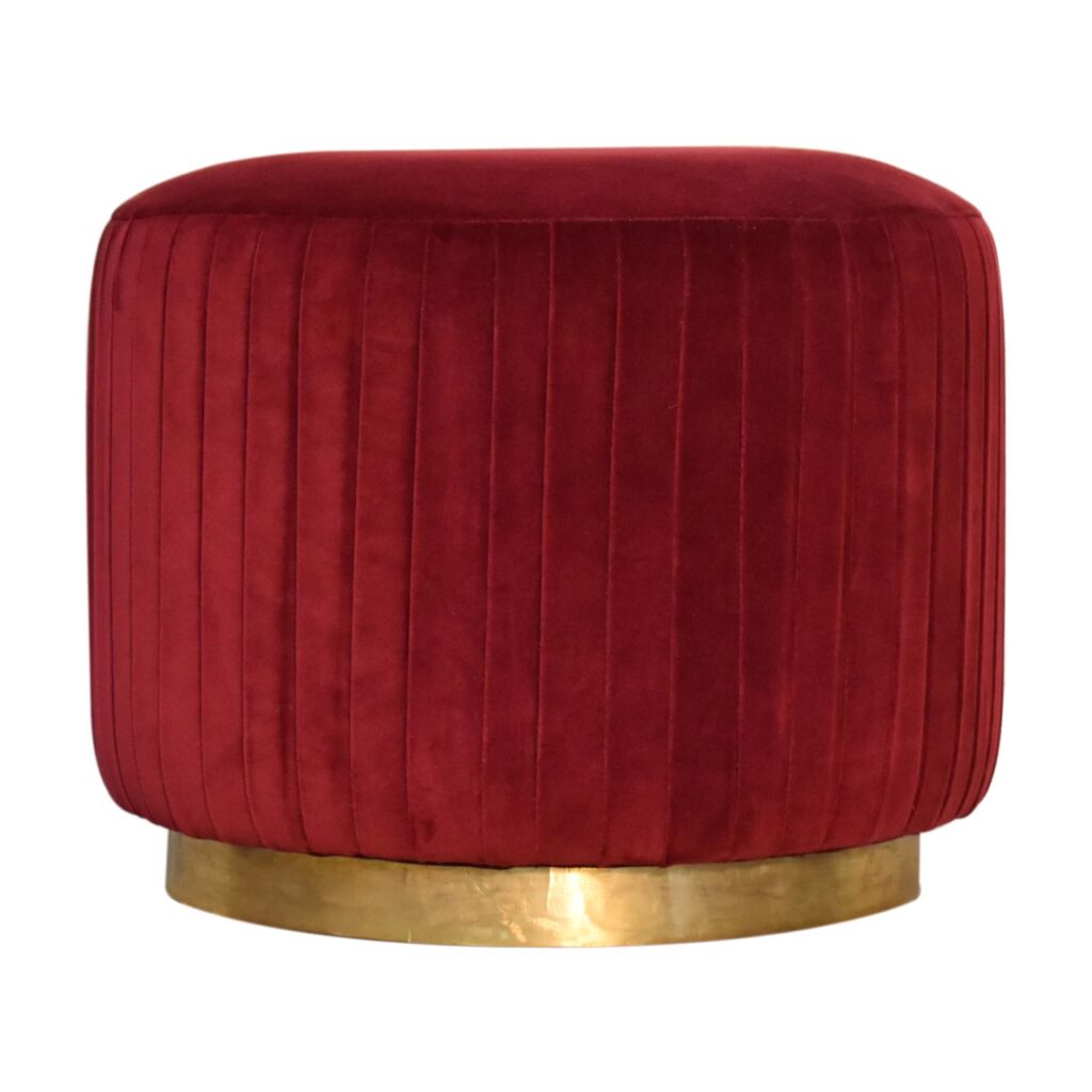 Solid Mango Wood Wine Velvet Pleated Footstool