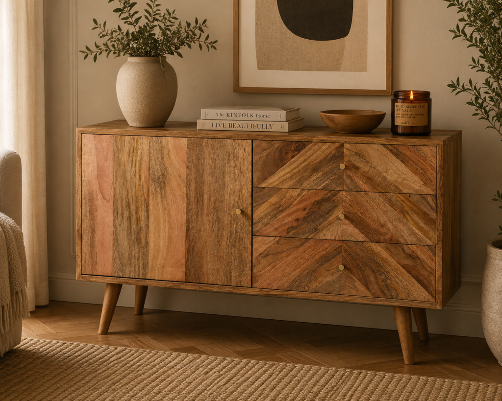 Solid Mango Wood Oak Finished Mixed Pattern Muna 3 Drawer 1 Door Sideboard