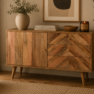 Solid Mango Wood Oak Finished Mixed Pattern Muna 3 Drawer 1 Door Sideboard