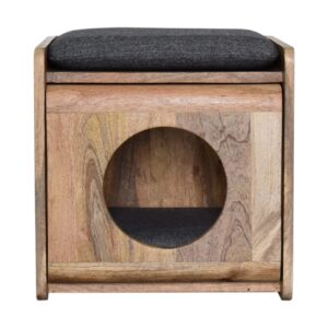 Solid Mango Wood Oak Finished Round Cut-out Pet Bed with Black Tweed Seat Pad