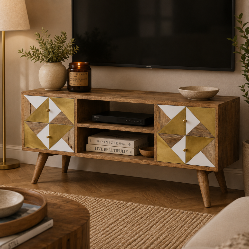 Solid Mango Wood Oak Finished 4 Drawer Media Unit with Brass and Faux Marble Inlay