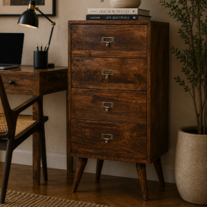 Solid Mango Wood Chestnut Finished Scandinavian Style Four Drawer Filing Cabinet