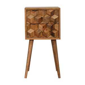 Solid Mango Wood Mini Cube Carved 2 Drawer Bedside