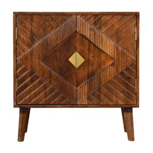 Solid Mango Wood Chestnut Finished 2 Door Alma Cabinet with Brass Diamond Pattern
