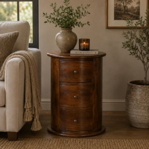 Solid Mango Wood Chestnut Finished 3 Drawer Drum Chest