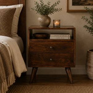 Solid Mango Wood Chestnut Finished 2 Drawers 1 Slot Classic Bedside