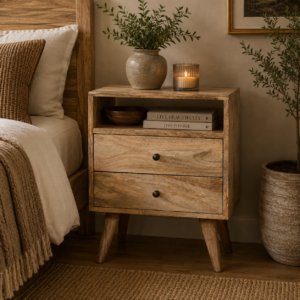 Solid Mango Wood Oak Finished 2 Drawer 1 Slot Classic Bedside