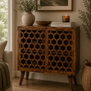 Solid Mango Wood Chestnut Finished 2 Door Honeycomb Front Cabinet