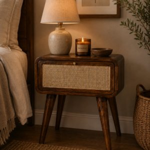 Solid Mango Wood Chestnut Finished Rattan Front 1 Drawer Bedside