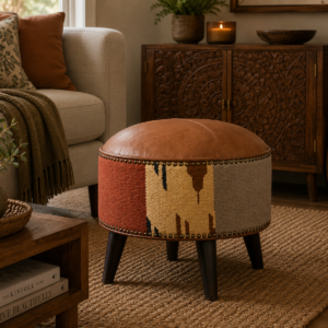 Solid Mango Wood California Walnut Durrie and Leather Mixed Footstool