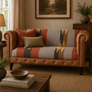 Solid Mango Wood Walnut Finished Durrie and Leather Sofa