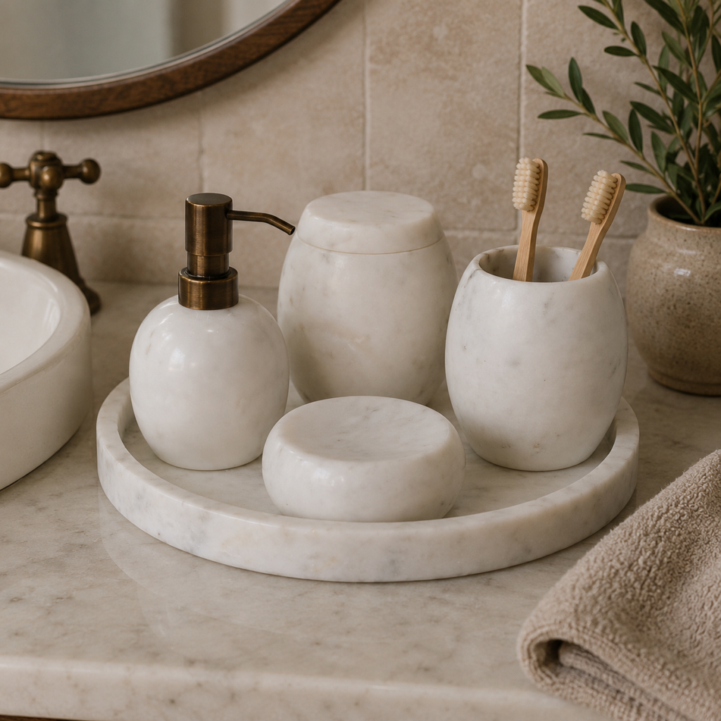 Solid Mango Wood Set of 5 White Marble Bathroom Set