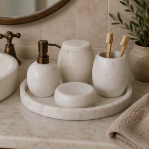 Solid Mango Wood Set of 5 White Marble Bathroom Set