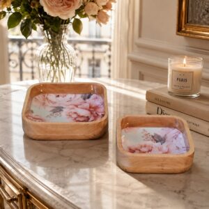 Solid Mango Wood Set of 2 Pink Floral Square Bowls