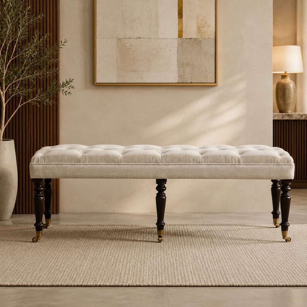 Solid Mango Wood California Walnut Finished White Deep Button Linen Bench