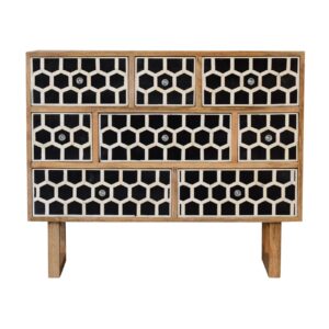 Solid Mango Wood Oak Finished 8 Drawer Bone Inlay Chest with 'U' Shaped Legs