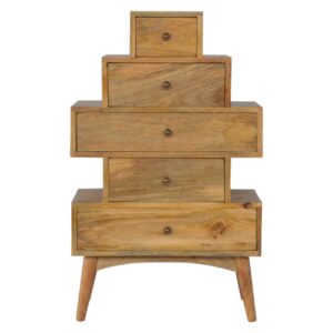Solid Mango Wood Oak Finished 5 Drawer Tower Chest Cabinet