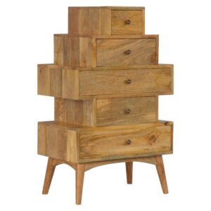 Solid Mango Wood Oak Finished 5 Drawer Tower Chest Cabinet - Image 2