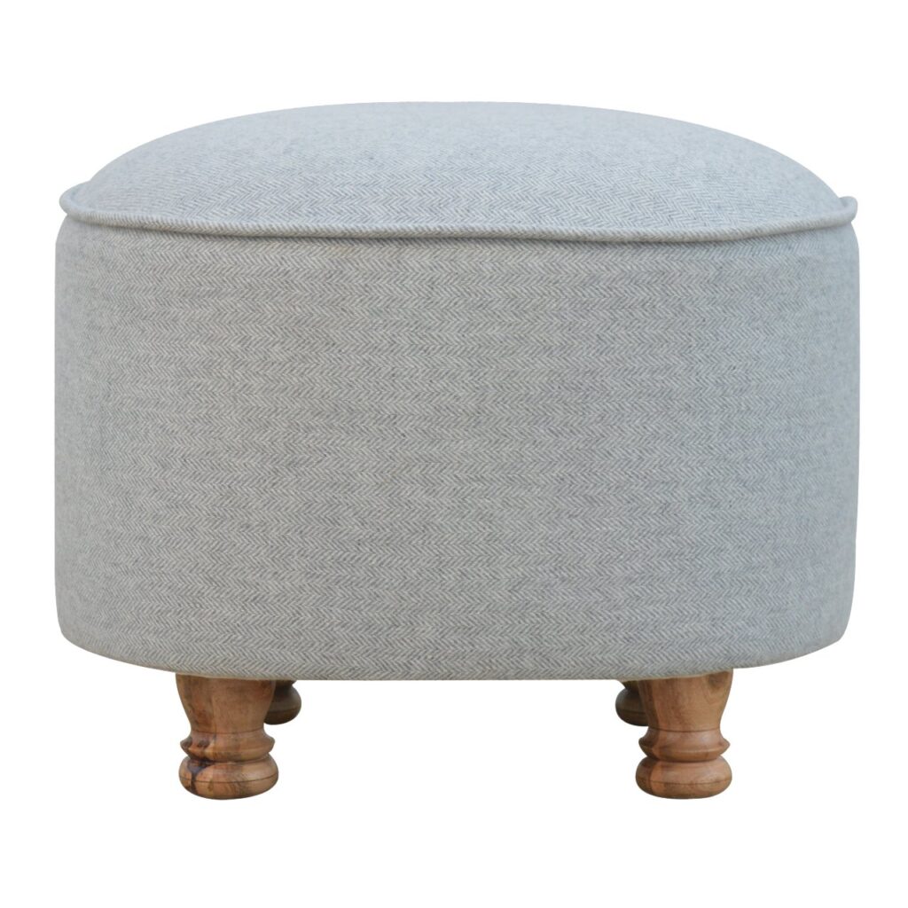 Solid Mango Wood Light Grey Tweed Upholstered Oval Footstool