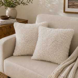 Solid Mango Wood Set of 2 Cream Fluffy Cushions