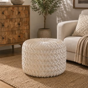 Solid Mango Wood White Pleated Velvet Hart Pouffe