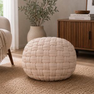 Solid Mango Wood Cream Basket Weave Tube Pouffe