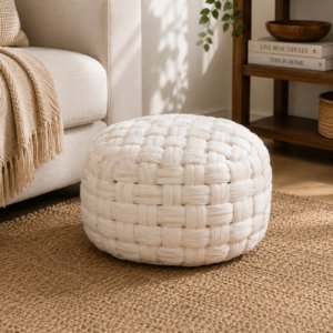 Solid Mango Wood White Cotton Woven Tube Pouffe