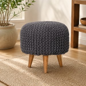 Solid Mango Wood Oak Finished Keeva Grey Woven Round Footstool