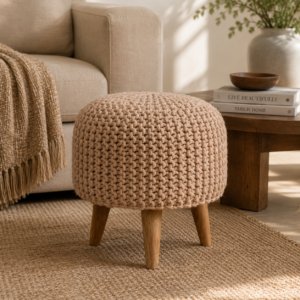 Solid Mango Wood Oak Finish Keeva Beige Round Footstool