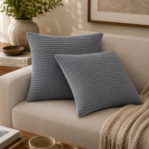 Solid Mango Wood Set of 2 Ribbed Grey Cushions