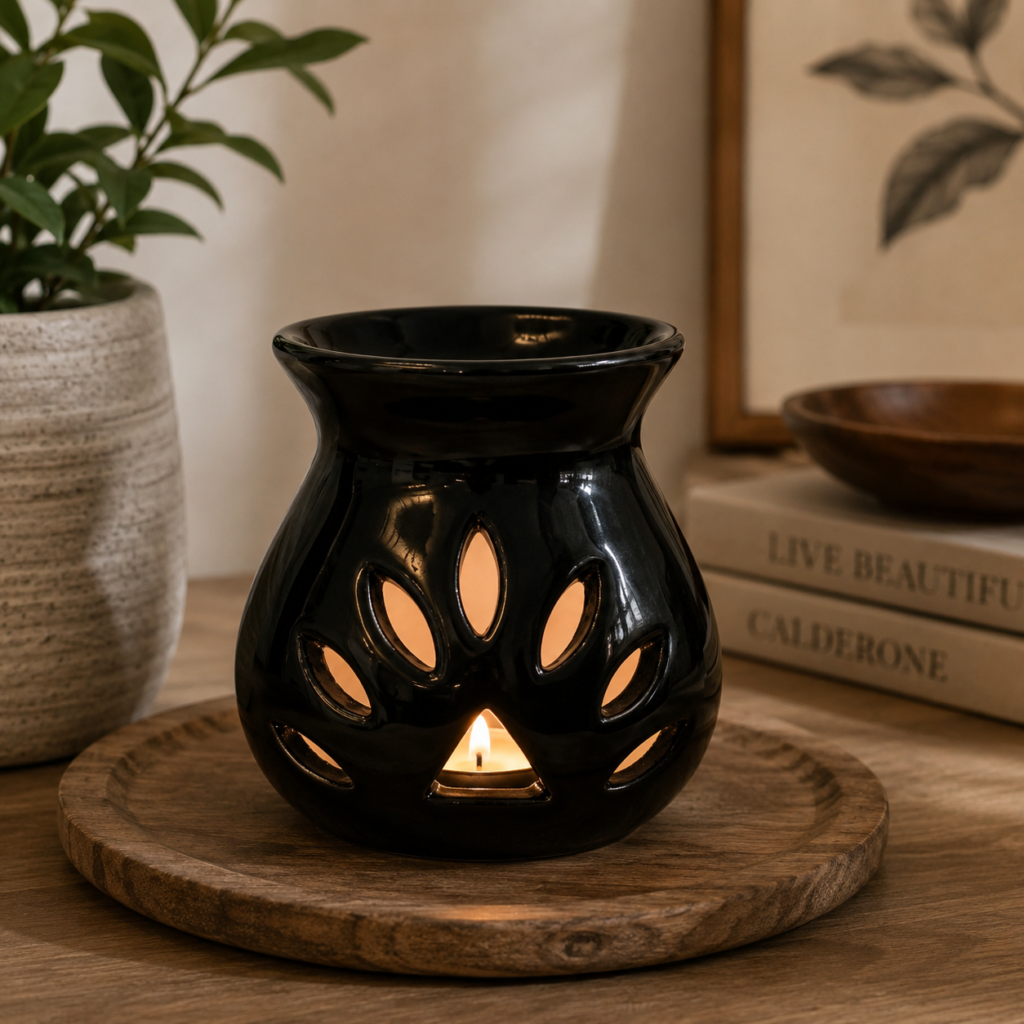 Solid Mango Wood Black Oil Burner Set (Lotus) Ylang Ylang, White Lotus, Lavender