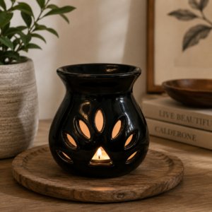 Solid Mango Wood Black Oil Burner Set (Lotus) Ylang Ylang, White Lotus, Lavender