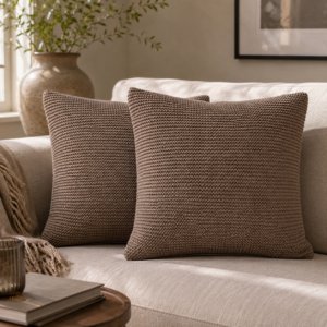 Solid Mango Wood Brown Cotton Cushion Set of 2