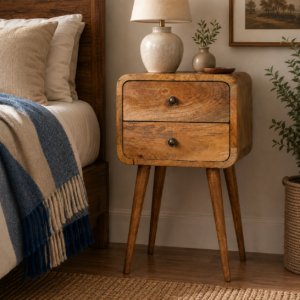 Solid Mango Wood  Oak Finished 2 Drawer Mini Curved Bedside