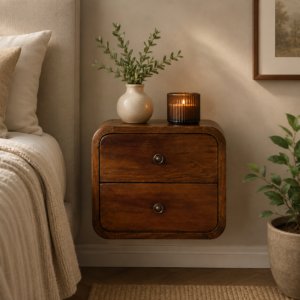 Solid Mango Wood Chestnut Finished 2 Drawer Floating Mini Bedside