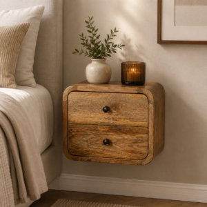 Solid Mango Wood Oak Finished 2 Drawer Mini Curved Floating Bedside