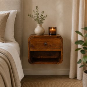 Solid Mango Wood Cheshnut Finished Mini Curved Floating Bedside