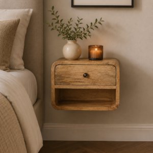 Solid Mango Wood Oak Finished 1 Drawer 1 Slot Mini Floating Open Bedside
