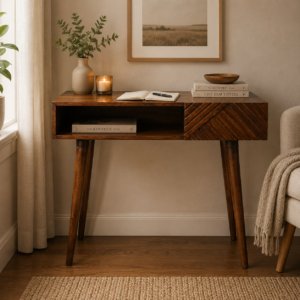 Solid Mango Wood Chestnut Finished Lille 1 Drawer 1 Slot Writing Desk